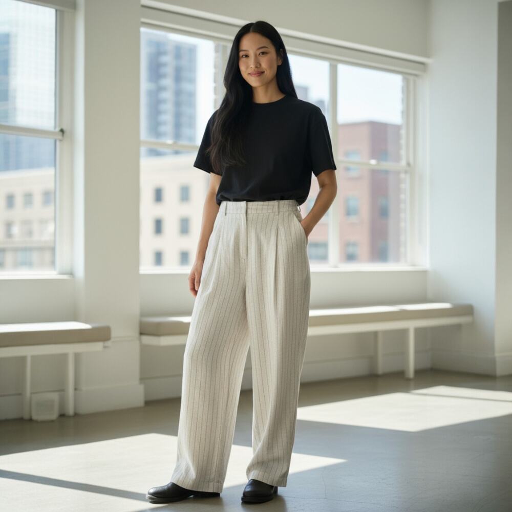 Seven 7 For All Mankind Stripe Pants Sz 6 Line Blend High Waisted Wide Leg